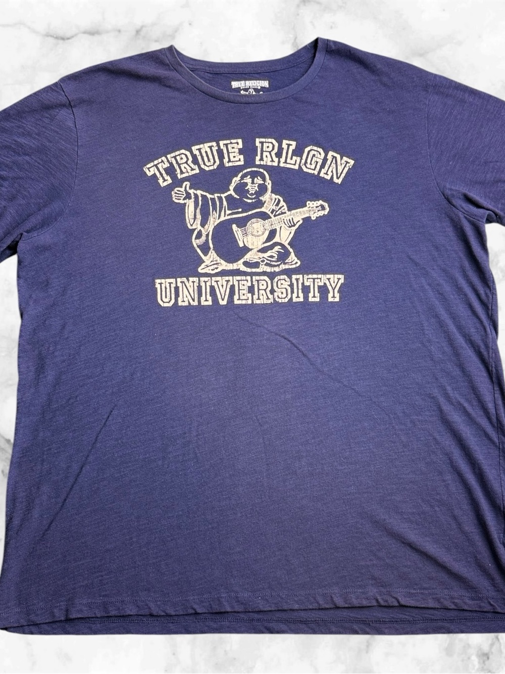 True Religion Mens XXL Buddha University Graphic T Shirt Blue Short Sleeve Tee